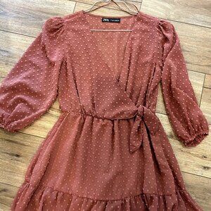 Zara Rose Pink Swiss Dot V-Neck Long Sleeve Wrap Romper Shorts Mini Dress Med